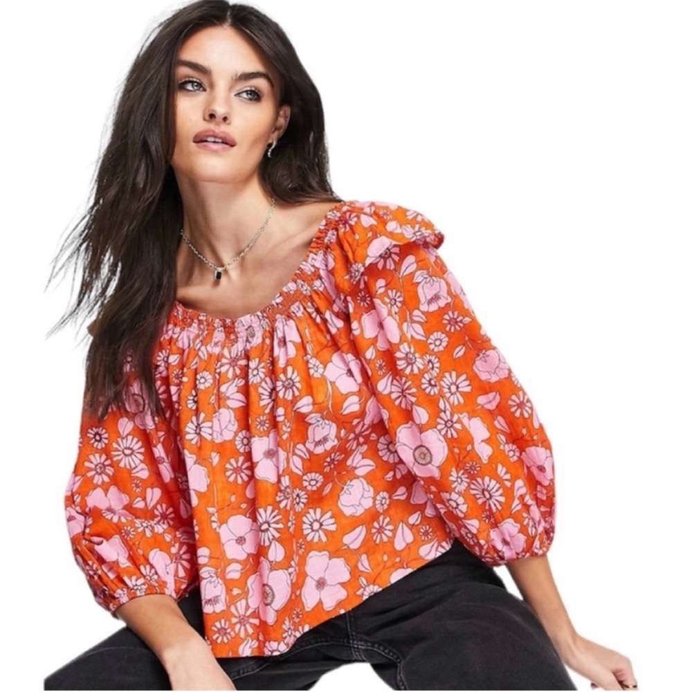 NWT Free People Miss Daisy Pink and Orange Floral Blouse